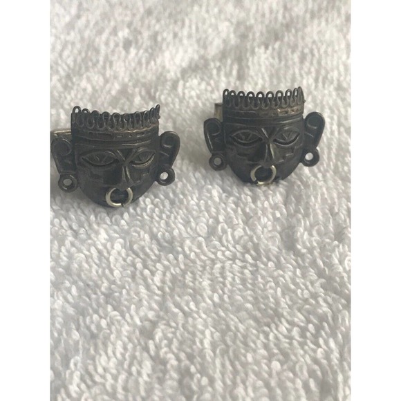 Vintage cuff links silver Tribal masks Mexico marked Pair voodoo warrior